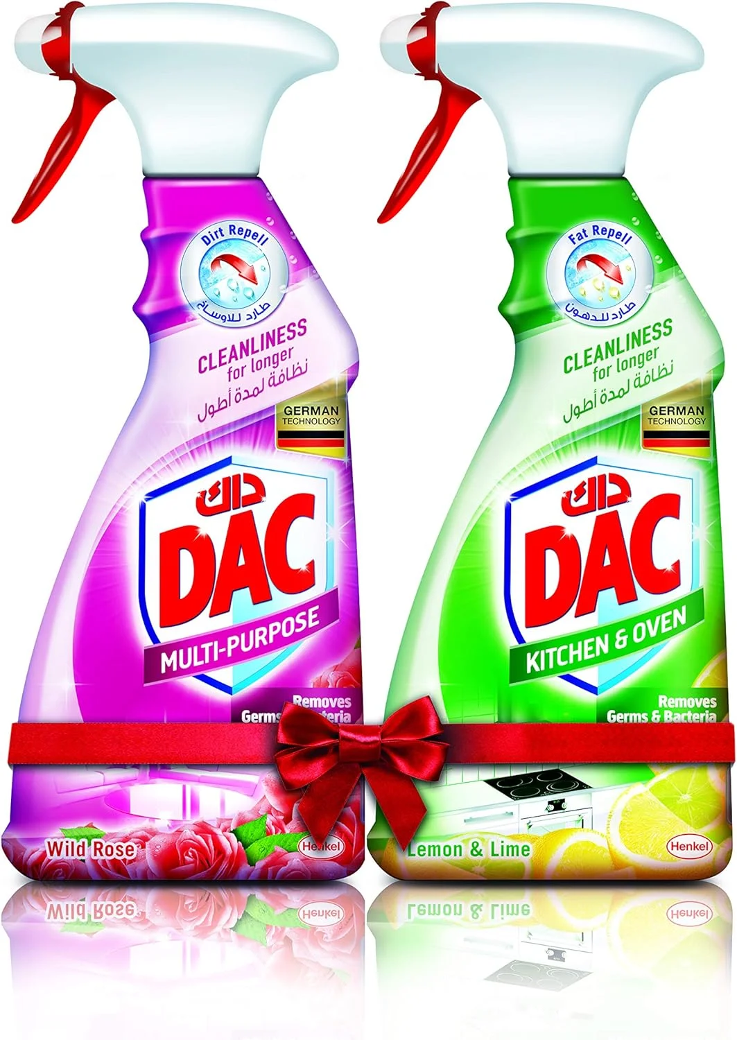 اسپری پاک کننده چند منظوره داک با رایحه رز (500 میلی لیتر) + پاک کننده آشپزخانه داک با رایحه لیمو (500 میلی لیتر) - بسته 2 عددی، برای از بین بردن میکروب ها و باکتری ها، با فناوری دفع کثیفی و تمیزی طولانی مدت