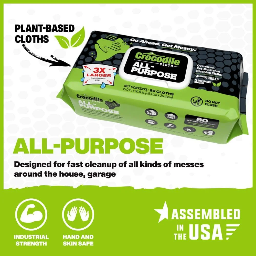 دستمال مرطوب چند منظوره تمیز کننده خانگی کروکودیل کلوث - راهی قوی تر و آسان تر برای تمیز کردن چربی، کثیفی، گرد و غبار، جرم و چسب از دست ها، میزها و موارد دیگر - 80 عدد دستمال مرطوب بزرگ و بادوام زیست تخریب پذیر