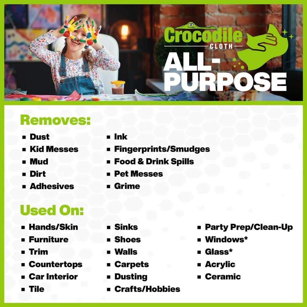 دستمال مرطوب چند منظوره تمیز کننده خانگی کروکودیل کلوث - راهی قوی تر و آسان تر برای تمیز کردن چربی، کثیفی، گرد و غبار، جرم و چسب از دست ها، میزها و موارد دیگر - 80 عدد دستمال مرطوب بزرگ و بادوام زیست تخریب پذیر