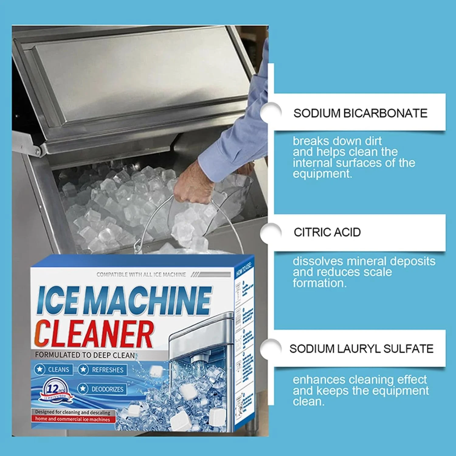 قرص های تمیز کننده دستگاه یخ ساز، رسوب زدای دستگاه های یخ ساز رومیزی، تمیز کننده دستگاه یخ ساز ایمن برای نیکل، رسوب زدای دستگاه یخ ساز از بین برنده بو، سازگار با Frigidaire، Opal، Ge Profile، Kitchenaid