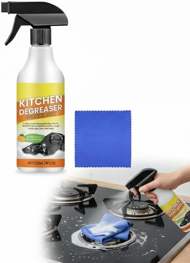پاک کننده آشپزخانه، چربی زدا آشپزخانه، پاک کننده فوم لکه های روغن سنگین آشپزخانه، لکه های روغن سرسخت، اجاق گازهای خانگی، هود، کثیفی و چربی، همراه با پارچه میکروفایبر