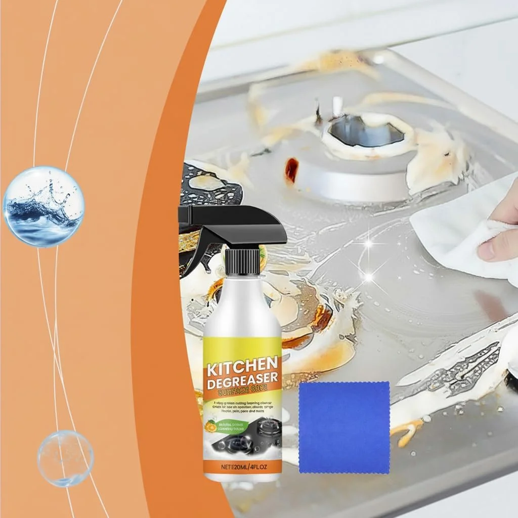 پاک کننده آشپزخانه، چربی زدا آشپزخانه، پاک کننده فوم لکه های روغن سنگین آشپزخانه، لکه های روغن سرسخت، اجاق گازهای خانگی، هود، کثیفی و چربی، همراه با پارچه میکروفایبر