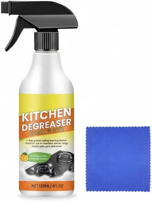 اسپری فوم پاک کننده قوی چربی آشپزخانه، پاک کننده آشپزخانه، چربی زدا، برای لکه های روغن سرسخت، اجاق گازهای خانگی، هود، جرم و کثیفی، پارچه میکروفایبر هدیه، 120 میلی لیتر