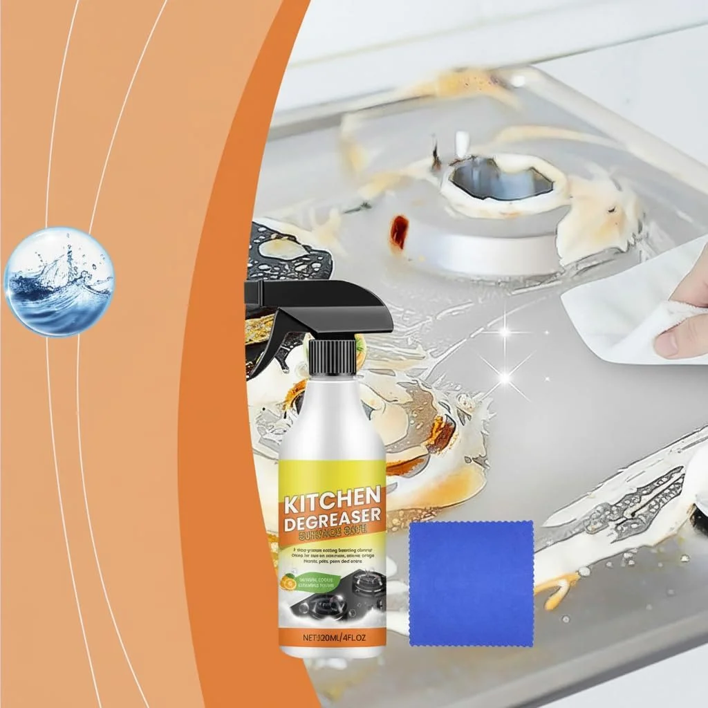 اسپری فوم پاک کننده قوی چربی آشپزخانه، پاک کننده آشپزخانه، چربی زدا، برای لکه های روغن سرسخت، اجاق گازهای خانگی، هود، جرم و کثیفی، پارچه میکروفایبر هدیه، 120 میلی لیتر