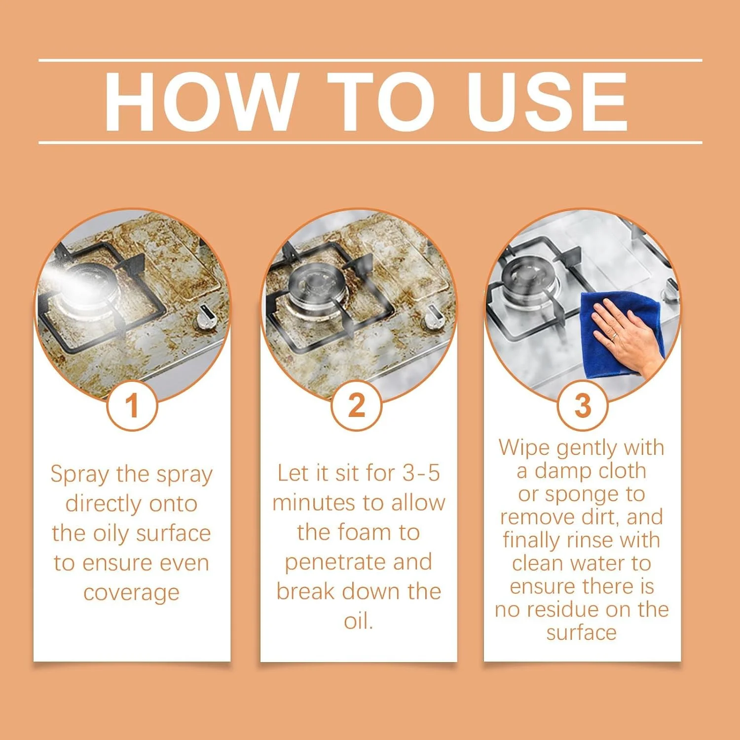 اسپری فوم پاک کننده قوی چربی آشپزخانه، پاک کننده آشپزخانه، چربی زدا، برای لکه های روغن سرسخت، اجاق گازهای خانگی، هود، جرم و کثیفی، پارچه میکروفایبر هدیه، 120 میلی لیتر