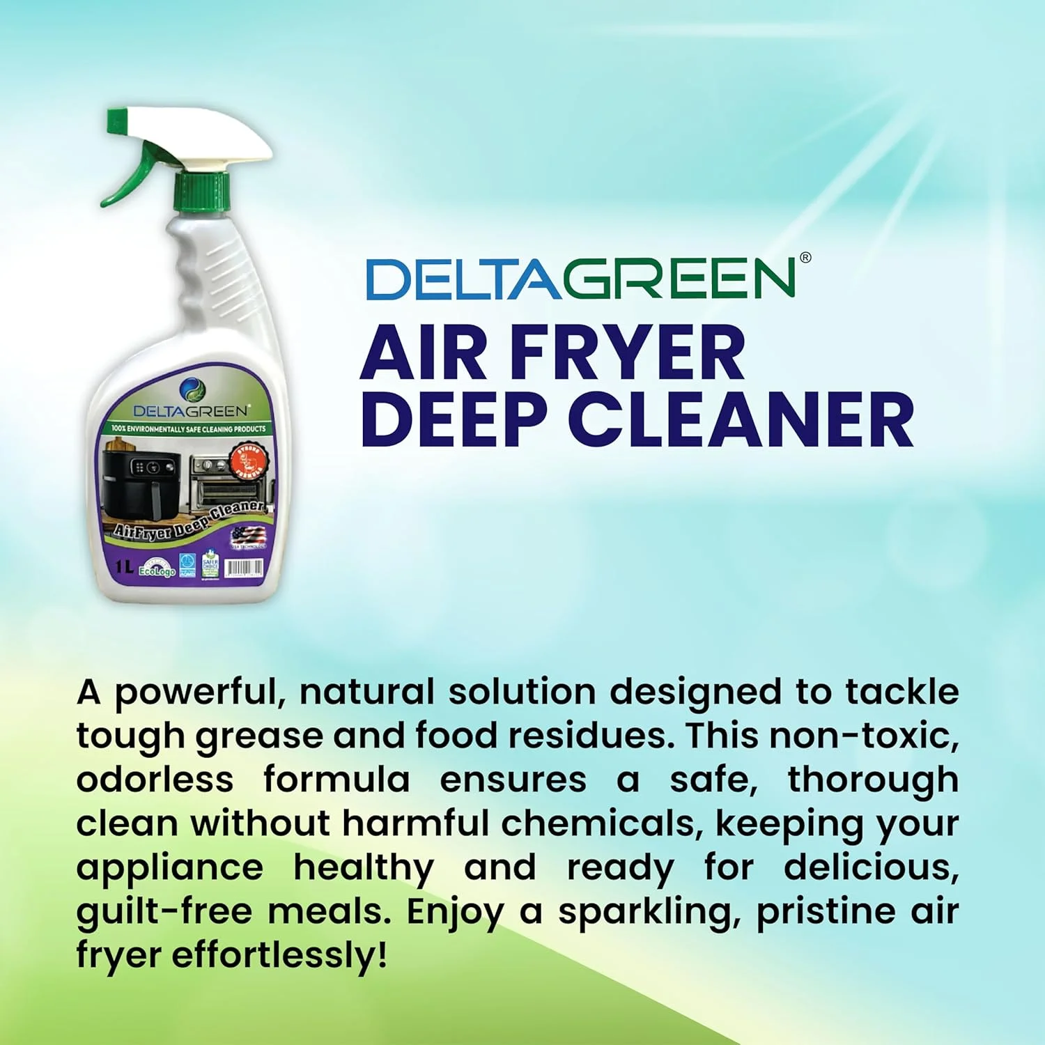 محلول تمیز کننده عمیق سرخ کن هوا DELTAGREEN حجم 1 لیتر - چربی زدا سازگار با محیط زیست برای چربی ها و بوهای سرسخت - ایمن برای لوازم خانگی