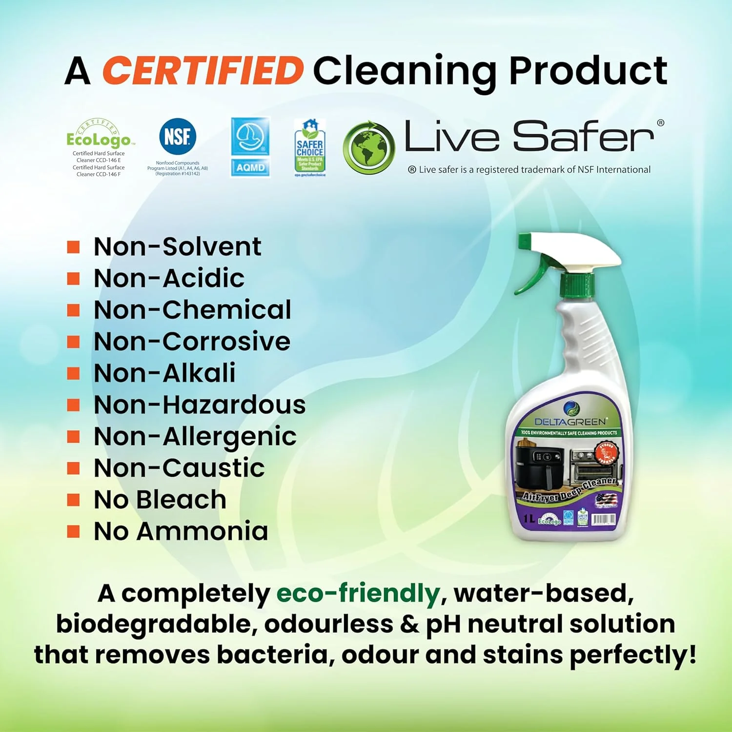 محلول تمیز کننده عمیق سرخ کن هوا DELTAGREEN حجم 1 لیتر - چربی زدا سازگار با محیط زیست برای چربی ها و بوهای سرسخت - ایمن برای لوازم خانگی