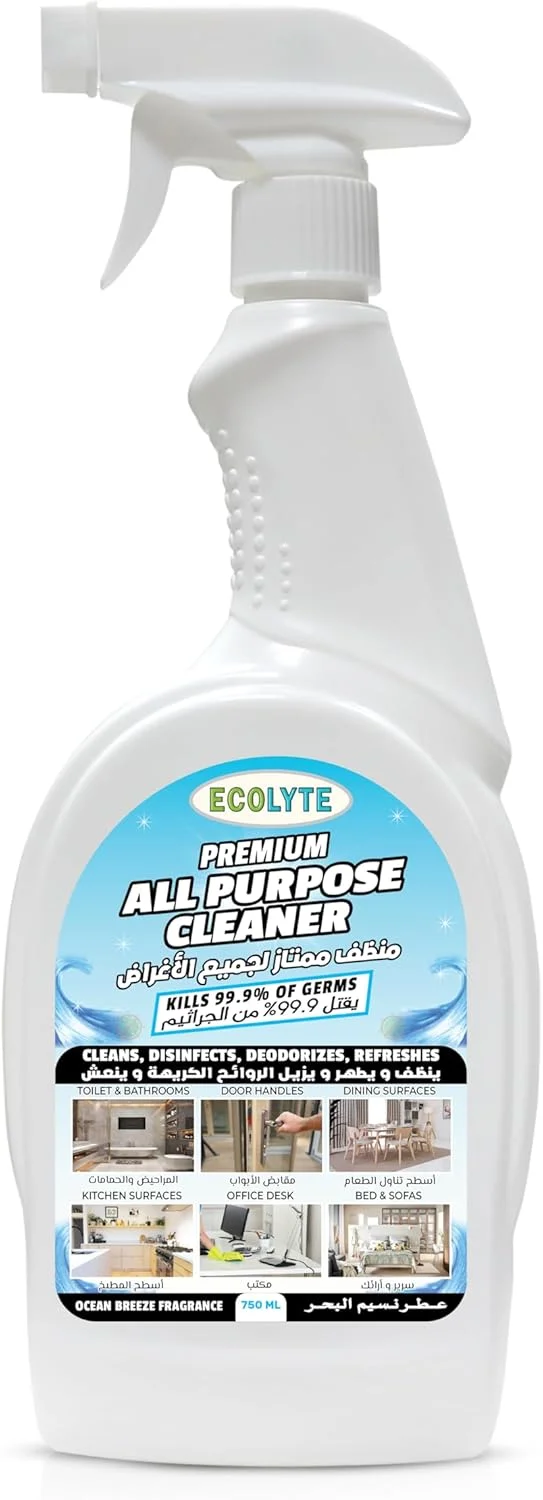 مایع ضدعفونی کننده همه منظوره اکولایت پلاس برای حذف 100% آلودگی، تمیز کردن، ضدعفونی کردن، خوشبو کردن و تازه کردن (از بین بردن 99.9% میکروب ها)، بطری اسپری ماشه ای - (نسیم اقیانوس، 750 میلی لیتر)