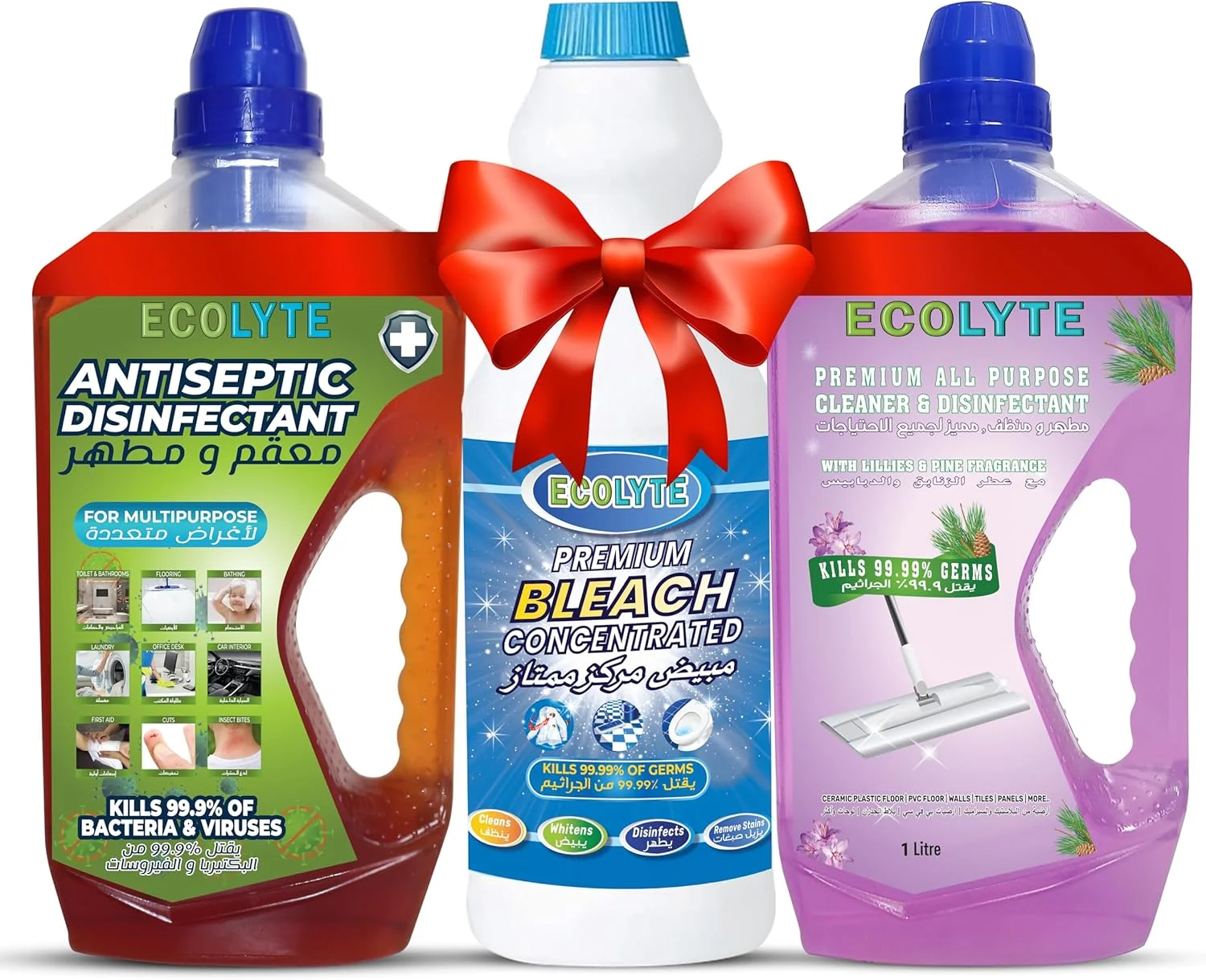 مایع ضدعفونی کننده ECOLYTE+، لوازم ضروری خانگی - 2، پاک کننده چند منظوره، محافظت در برابر میکروب، سفید کننده قوی تر، بهداشت شخصی، مناسب برای مصارف خانگی و تجاری - (ضدعفونی کننده، سفید کننده و رایحه کاج و گل سوسن - 1 لیتر، بسته 3 عددی)