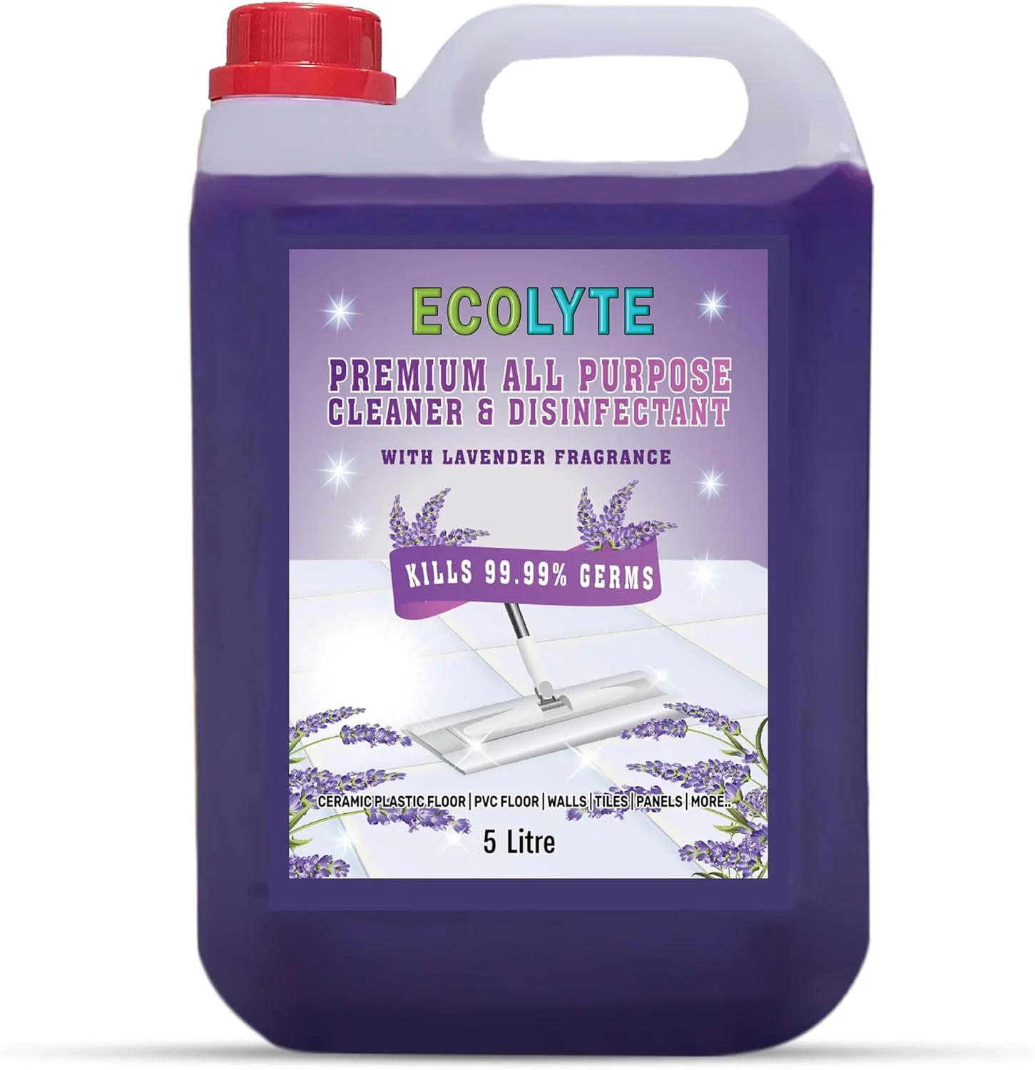 مایع ضدعفونی کننده و پاک کننده چند منظوره اکولایت پلاس، مناسب برای بیمارستان، خانه، اداره و مصارف تجاری، برای از بین بردن آلودگی، لکه و میکروب، تمیز کننده کف (اسطوخودوس، 5 لیتر)