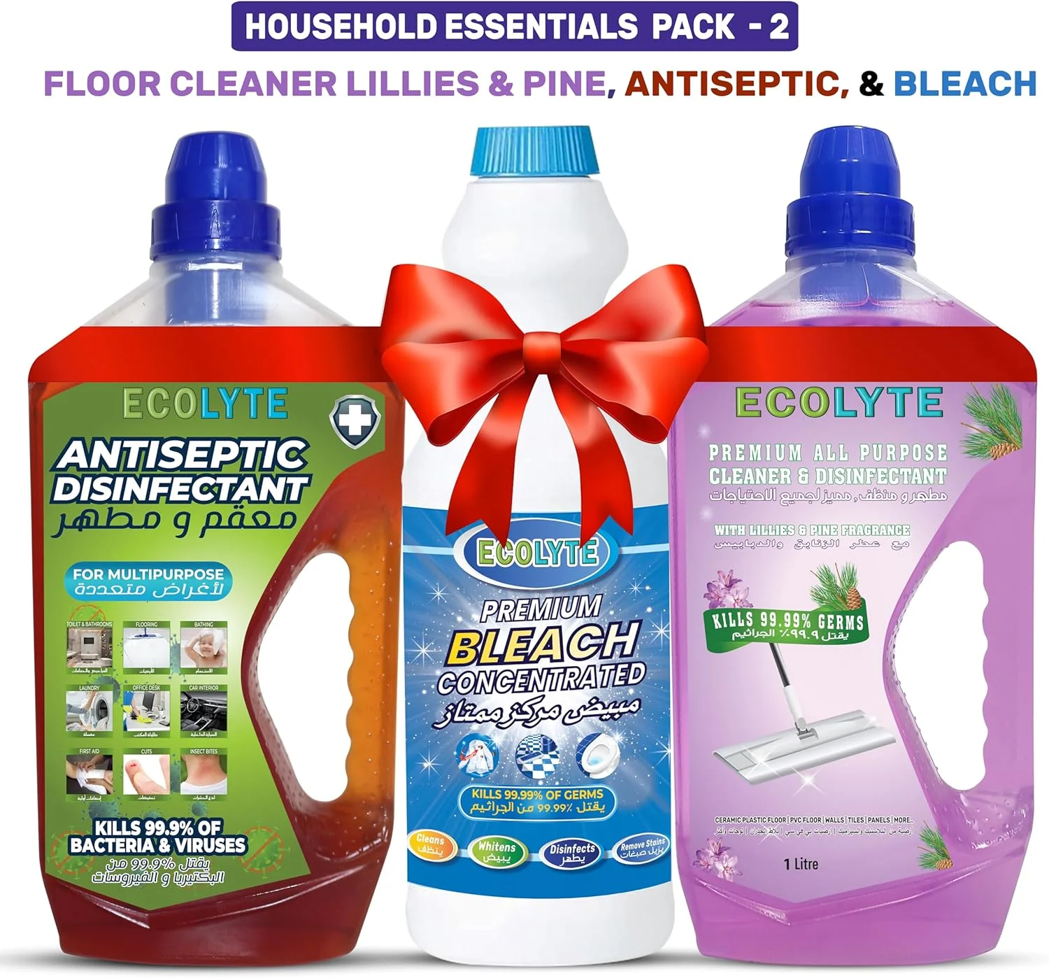 مایع ضدعفونی کننده ECOLYTE+، لوازم ضروری خانگی - 2، پاک کننده چند منظوره، محافظت در برابر میکروب، سفید کننده قوی تر، بهداشت شخصی، مناسب برای مصارف خانگی و تجاری - (ضدعفونی کننده، سفید کننده و رایحه کاج و گل سوسن - 1 لیتر، بسته 3 عددی)