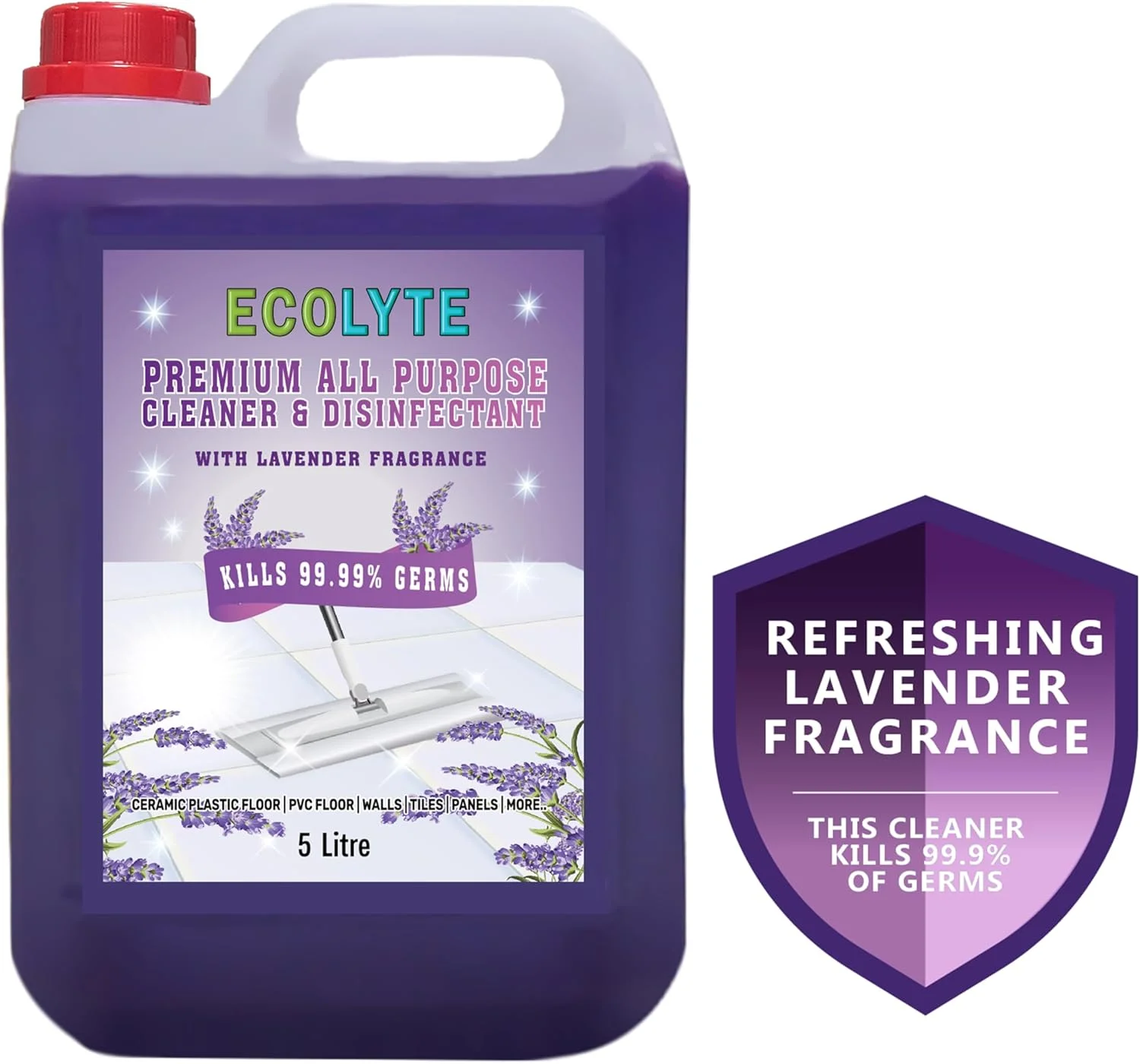 مایع ضدعفونی کننده و پاک کننده چند منظوره اکولایت پلاس، مناسب برای بیمارستان، خانه، اداره و مصارف تجاری، برای از بین بردن آلودگی، لکه و میکروب، تمیز کننده کف (اسطوخودوس، 5 لیتر)