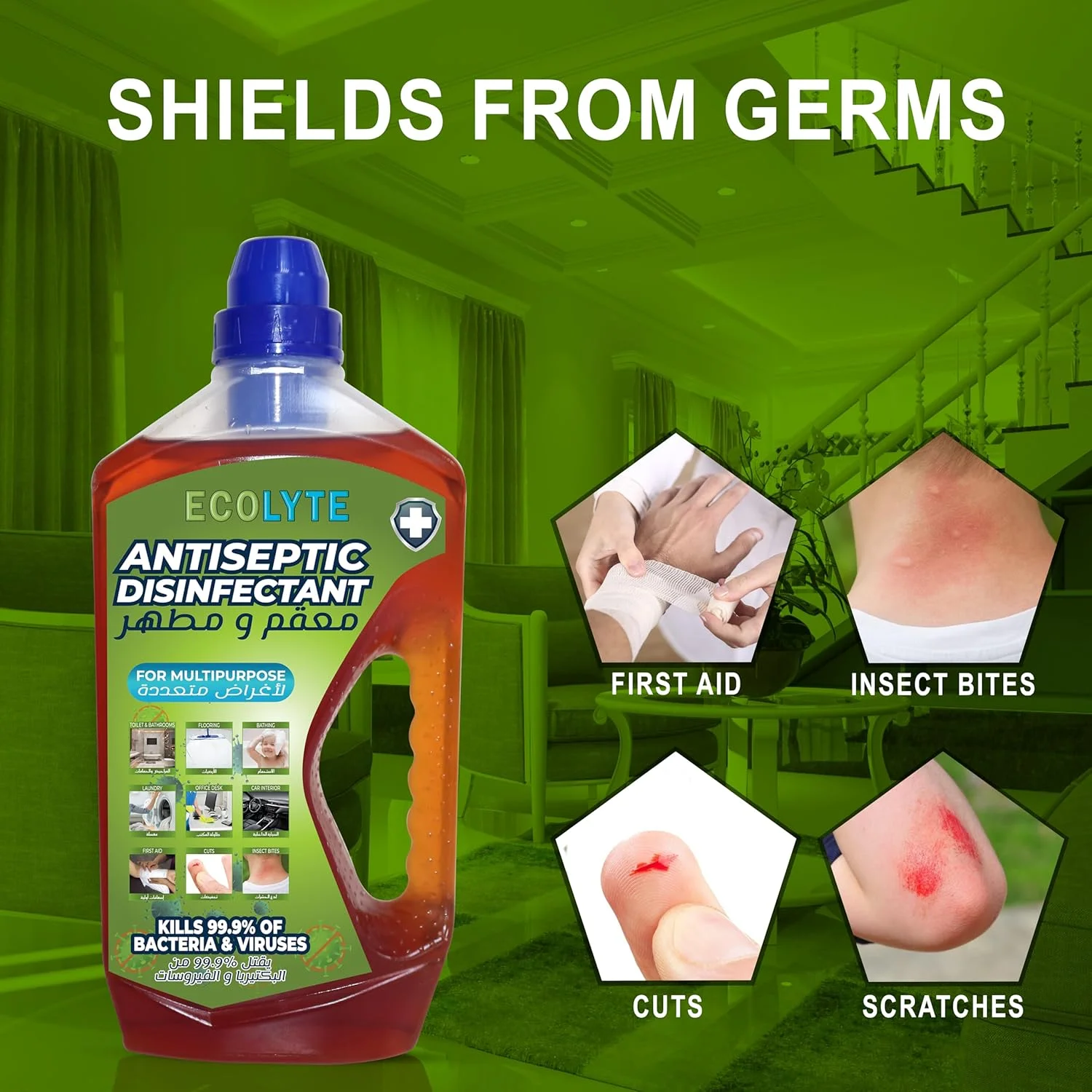 مایع ضدعفونی کننده ECOLYTE+، لوازم ضروری خانگی - 2، پاک کننده چند منظوره، محافظت در برابر میکروب، سفید کننده قوی تر، بهداشت شخصی، مناسب برای مصارف خانگی و تجاری - (ضدعفونی کننده، سفید کننده و رایحه کاج و گل سوسن - 1 لیتر، بسته 3 عددی)