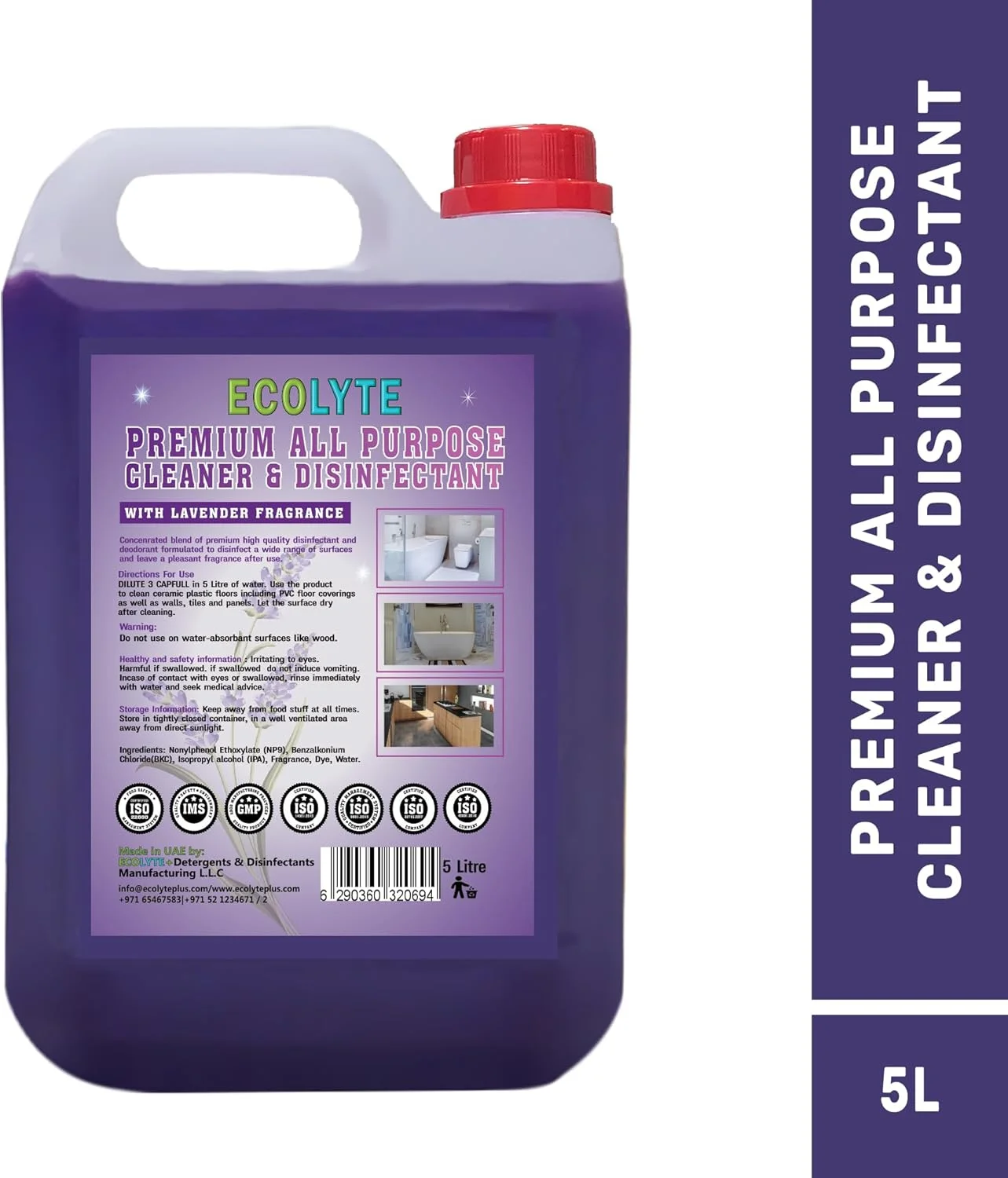 مایع ضدعفونی کننده و پاک کننده چند منظوره اکولایت پلاس، مناسب برای بیمارستان، خانه، اداره و مصارف تجاری، برای از بین بردن آلودگی، لکه و میکروب، تمیز کننده کف (اسطوخودوس، 5 لیتر)
