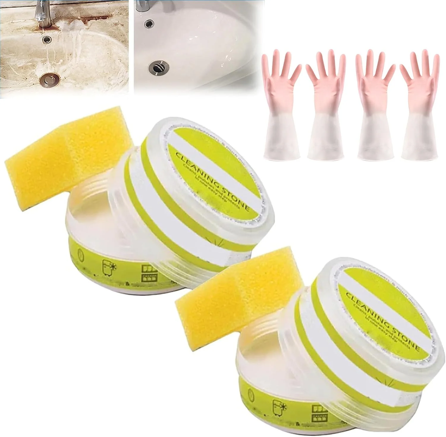 سنگ پاک کننده سازگار با محیط زیست، سنگریزه پاک کننده برای کف دوش، پاک کننده و پولیش طبیعی چند منظوره، سنگ پاک کننده چند منظوره برای حمام و آشپزخانه، به همراه دستکش و اسفنج (2 عدد)