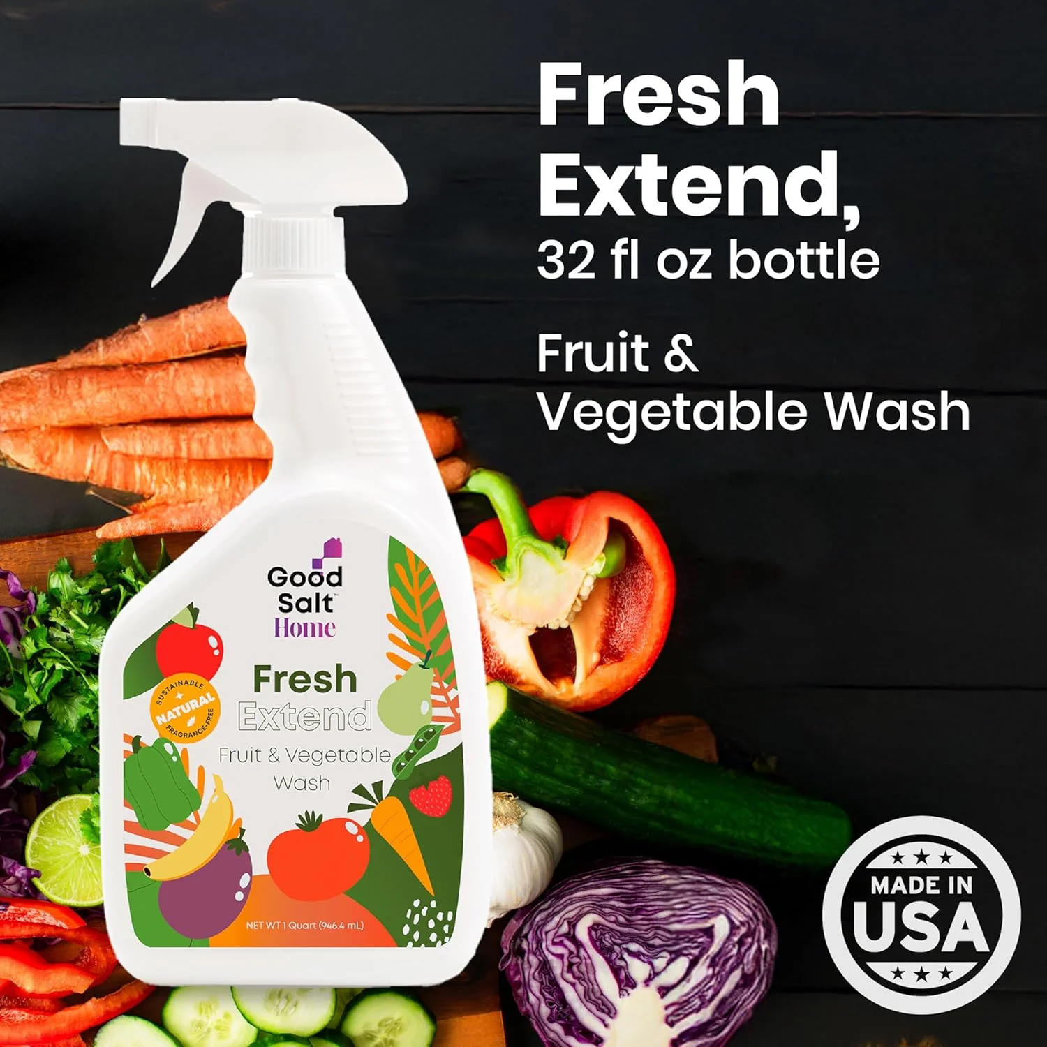 مایع شستشوی میوه و سبزیجات گود سالت هوم فرش اکستند، پاک کننده طبیعی محصولات، ساخت آمریکا، بطری 946 میلی لیتری
