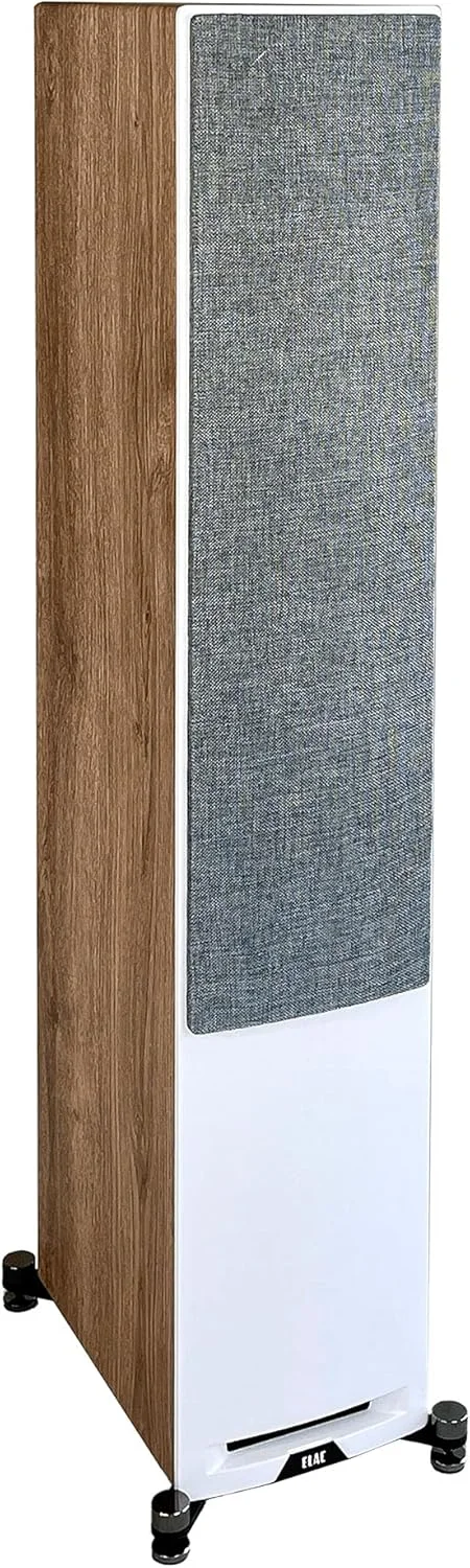 بلندگوی ایستاده سه طرفه 5-1/4 اینچی ELAC Uni-Fi Reference، بلندگوی برج بلوطی یا گردویی برای سینمای خانگی و سیستم استریو، بافل سفید با کناره های بلوطی
