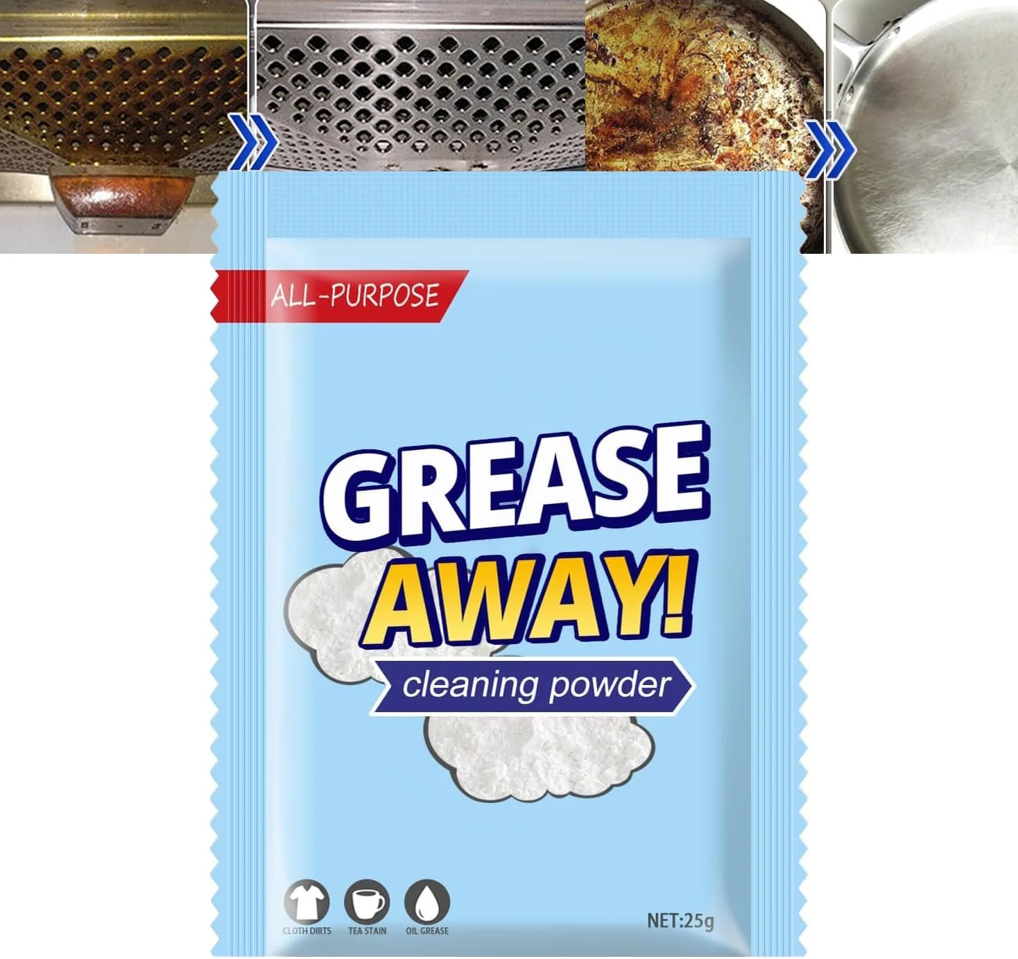 پودر پاک کننده آشپزخانه KASTWAVE، 5 عدد 25 گرمی، پاک کننده محافظ آشپزخانه، پاک کننده عمیق لکه ظروف آشپزخانه، تمیز کردن سریع، بدون باقی مانده، پاک کننده فوری چربی برای سینک، اجاق گاز، ظروف پخت و پز، استفاده در فضای باز