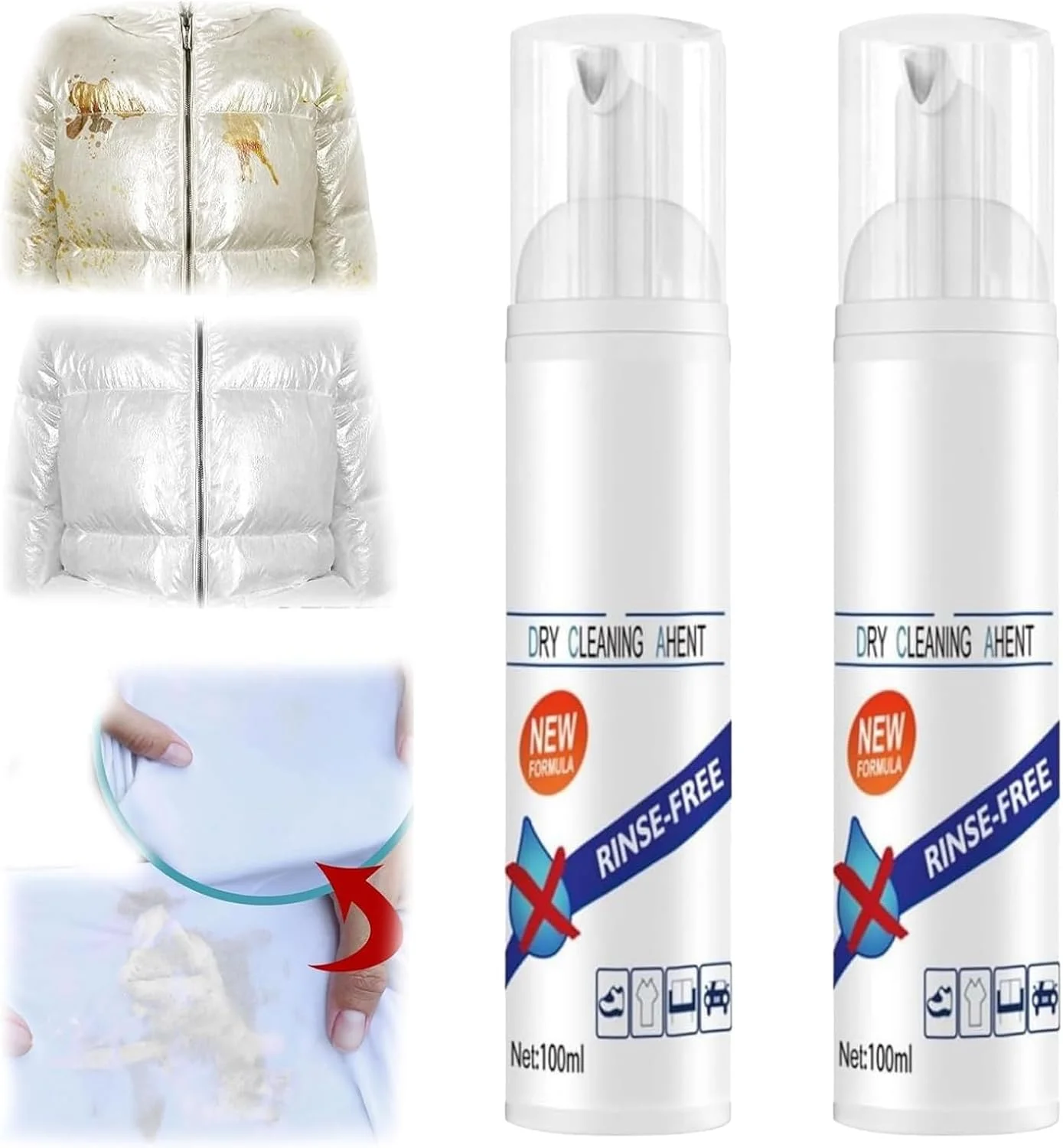 اسپری فوم خشکشویی پارچه چند منظوره، پاک کننده فوم خشک برای لباس، عامل فوم پاک کننده لباس چند منظوره بدون نیاز به آبکشی، برای کاپشن و غیره (2 عدد)
