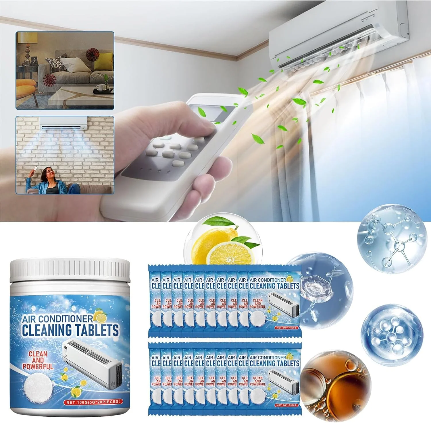 قرص های تمیز کننده کولر گازی بدون نیاز به آبکشی NALACAL، تمیز کننده دریچه برای واحدهای AC، خشک کن ها و پره های فن، کیت تمیز کننده کولر گازی خوشبو کننده و از بین برنده لکه