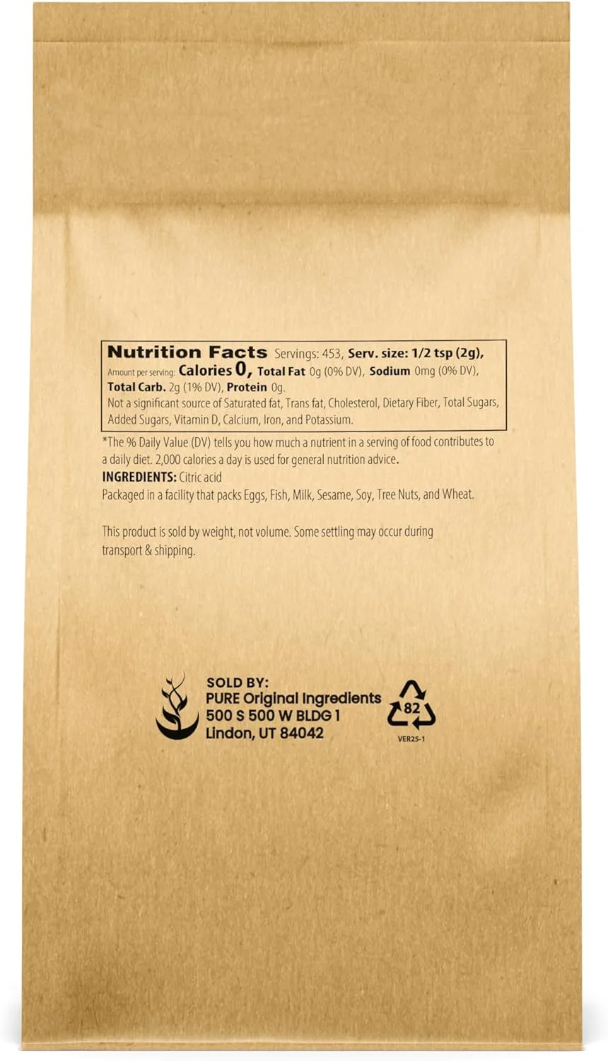 اسید سیتریک PURE ORIGINAL INGREDIENTS (900 گرم)، بسته بندی سازگار با محیط زیست، کاملا طبیعی، ایمن برای مواد غذایی، غیر GMO، نگهدارنده