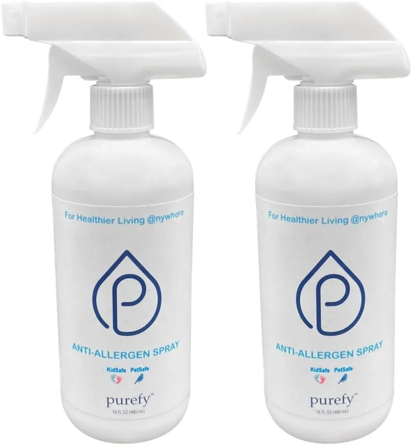 اسپری ضد آلرژی PUREFY (473ml، بسته 2 عددی)، ضد حساسیت. از بین برنده آلرژن ها و بوهای نامطبوع. ایمن برای نوزادان. بدون عطر. بدون باقی مانده. ایمن برای نوزادان و حیوانات خانگی. کاهش دهنده آلرژن برای زندگی سالم تر!