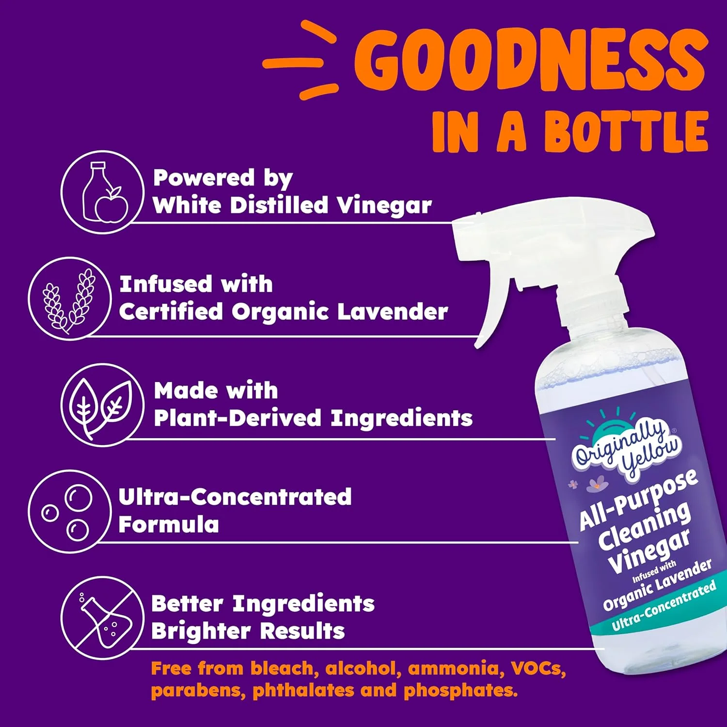 اسپری سرکه مقطر چند منظوره Originally Yellow برای اتاق نشیمن، حمام و آشپزخانه | غنی شده با اسطوخودوس ارگانیک | پاک کننده چند منظوره گیاهی، 470 میلی لیتر (1 بسته)