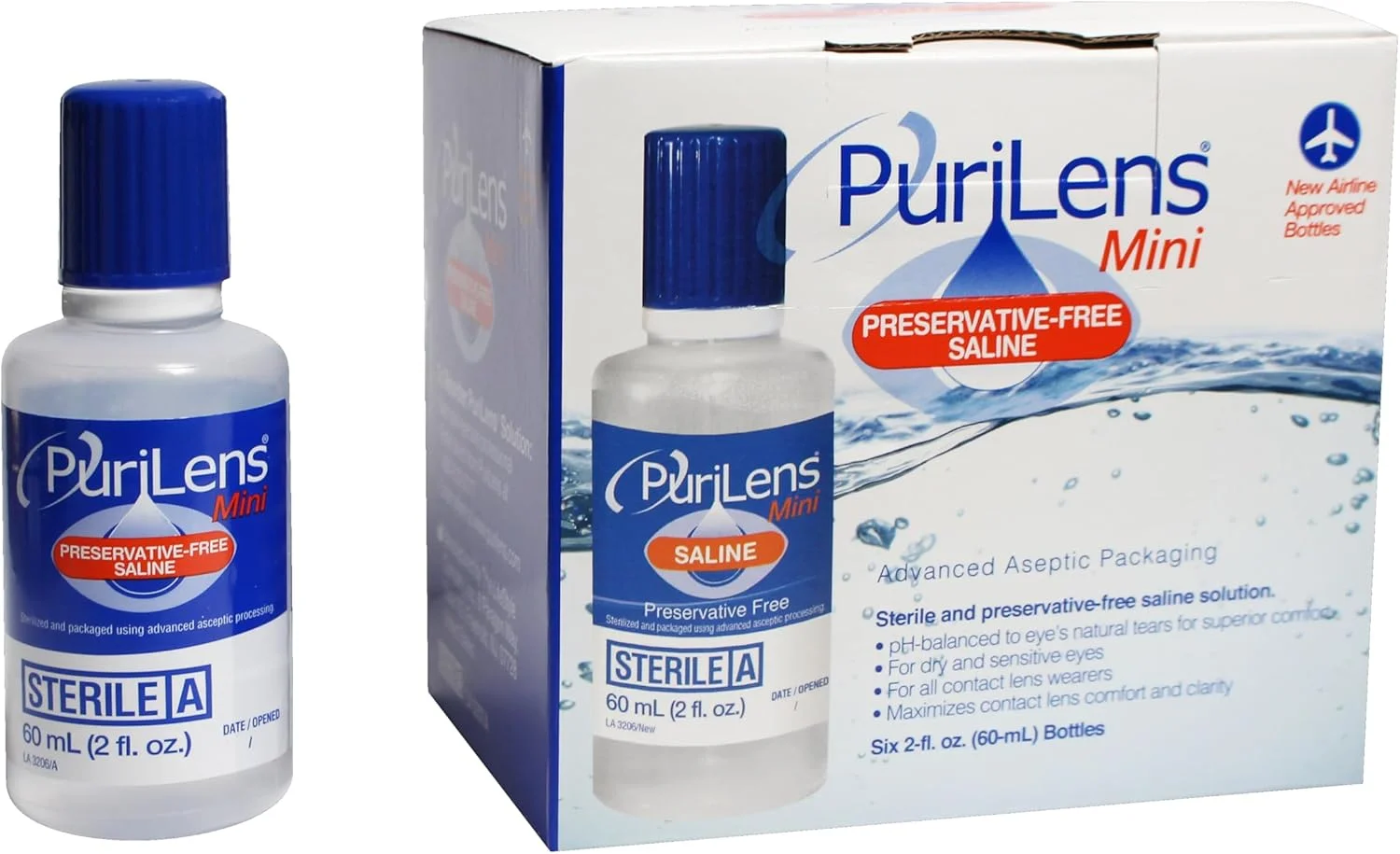 محلول سالین بدون مواد نگهدارنده Purilens Mini، شش عدد بطری 60 میلی لیتری