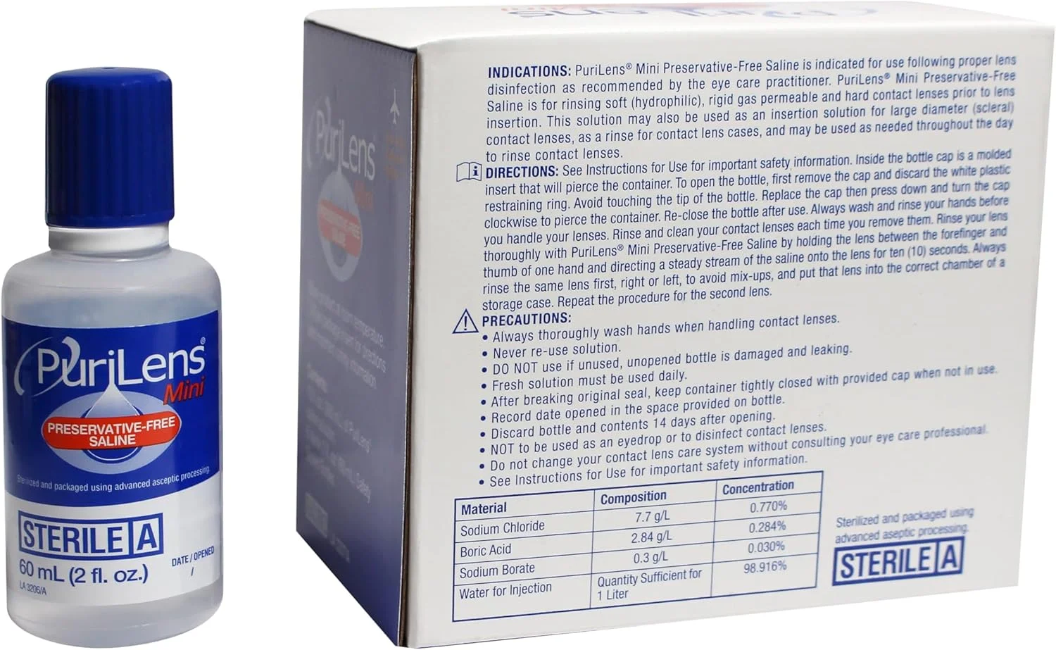 محلول سالین بدون مواد نگهدارنده Purilens Mini، شش عدد بطری 60 میلی لیتری
