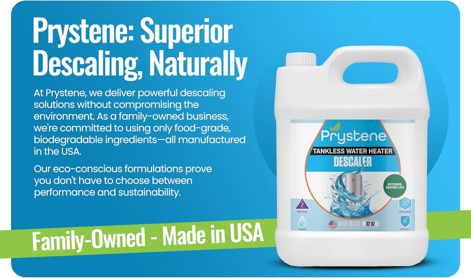 محلول رسوب زدای آبگرمکن بدون مخزن Prystene (946 میلی لیتر) - رسوب زدا/پاک کننده حرفه ای، بازگرداننده راندمان حرارتی. استفاده آسان، مواد تشکیل دهنده خوراکی، زیست تخریب پذیر، ساخت آمریکا.