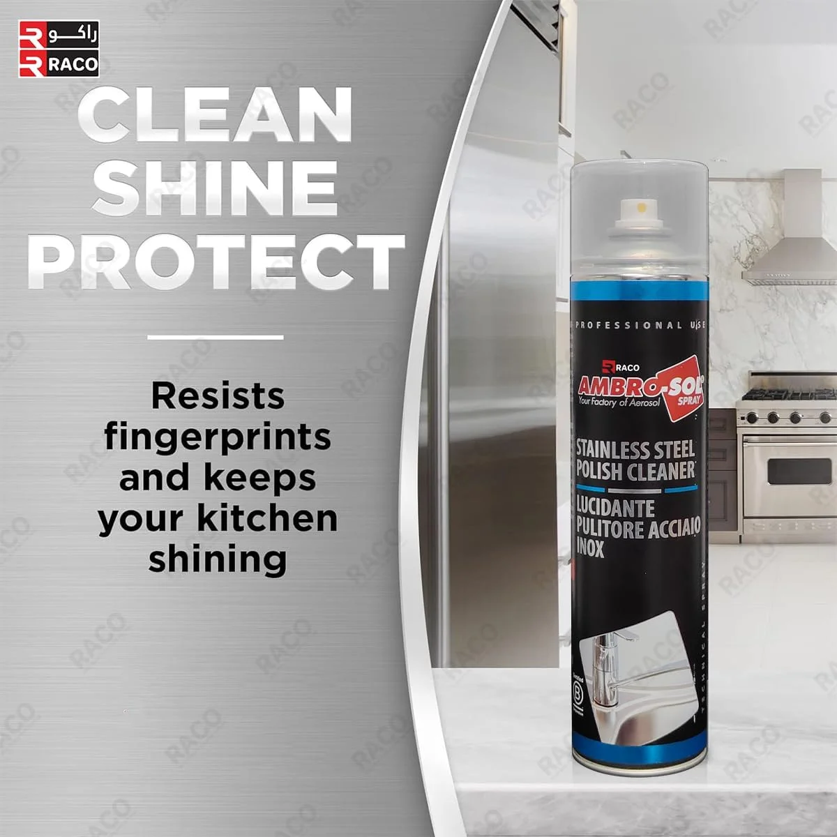 RACO Ambro-Sol پولیش و تمیز کننده استیل ضد زنگ 600 میلی لیتر به همراه دستمال میکروفایبر RACO Ambro-Sol پولیش و تمیز کننده استیل ضد زنگ 600 میلی لیتر به همراه دستمال میکروفایبر