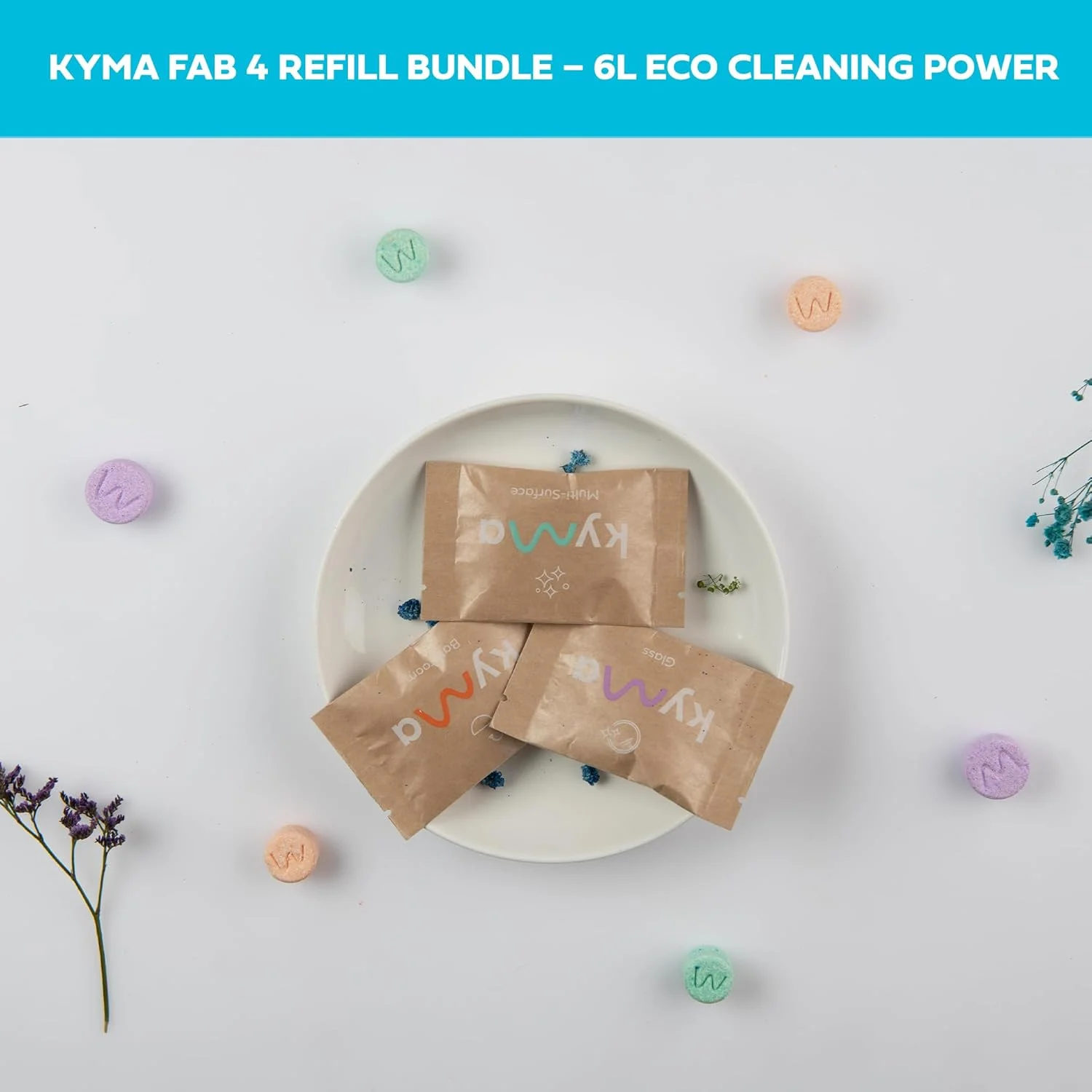 بسته پرکننده کیما Fab 4، شامل 4 جعبه پرکننده، 6 لیتر (محلول پاک کننده چند منظوره + بطری پاک کننده حمام + بطری پاک کننده شیشه + ضدعفونی کننده)