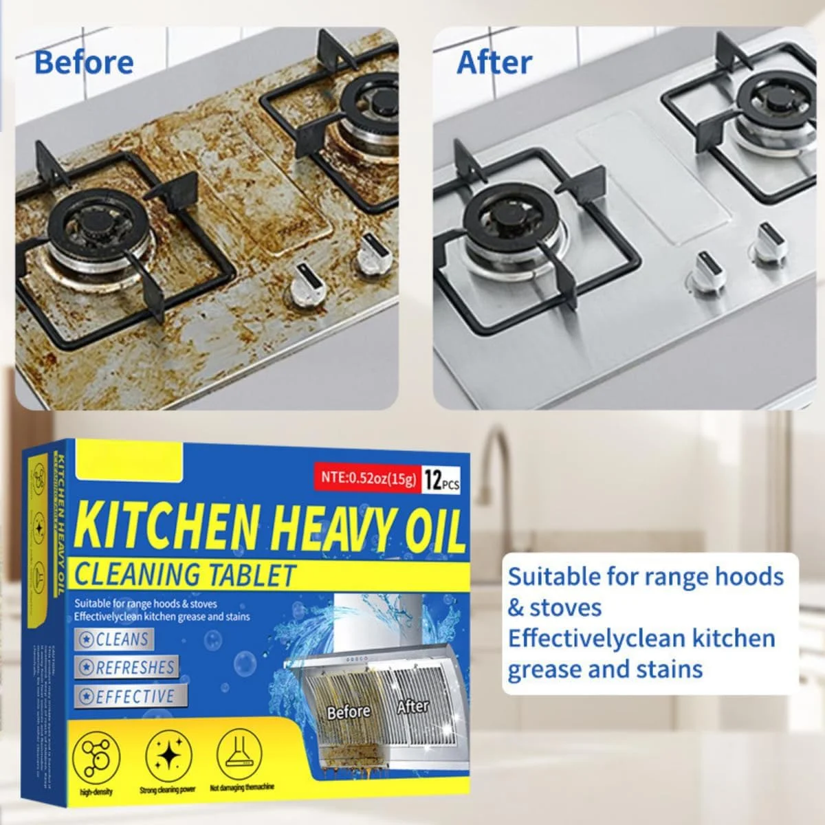 قرص های پاک کننده هود آشپزخانه Uniiking® بسته 12 عددی - چربی زدای قوی برای اجاق گاز، صفحه گاز و هود، توری فر، کباب پز