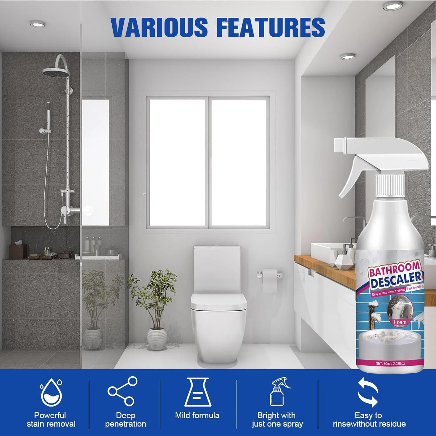 اسپری رسوب زدای حمام Uniiking®، 2 عدد پاک کننده لکه های سرسخت، اسپری فوم پاک کننده حمام، اسپری فوم پاک کننده حباب دار، فوم تمیز کننده چند منظوره، 60 میلی لیتر