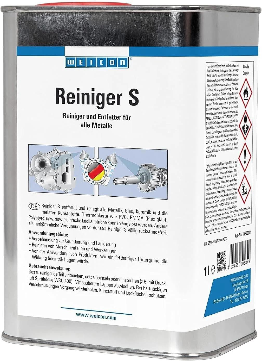 تمیز کننده WEICON مدل S | حجم 1 لیتر | چربی زدا برای فلز، شیشه، سرامیک و پلاستیک