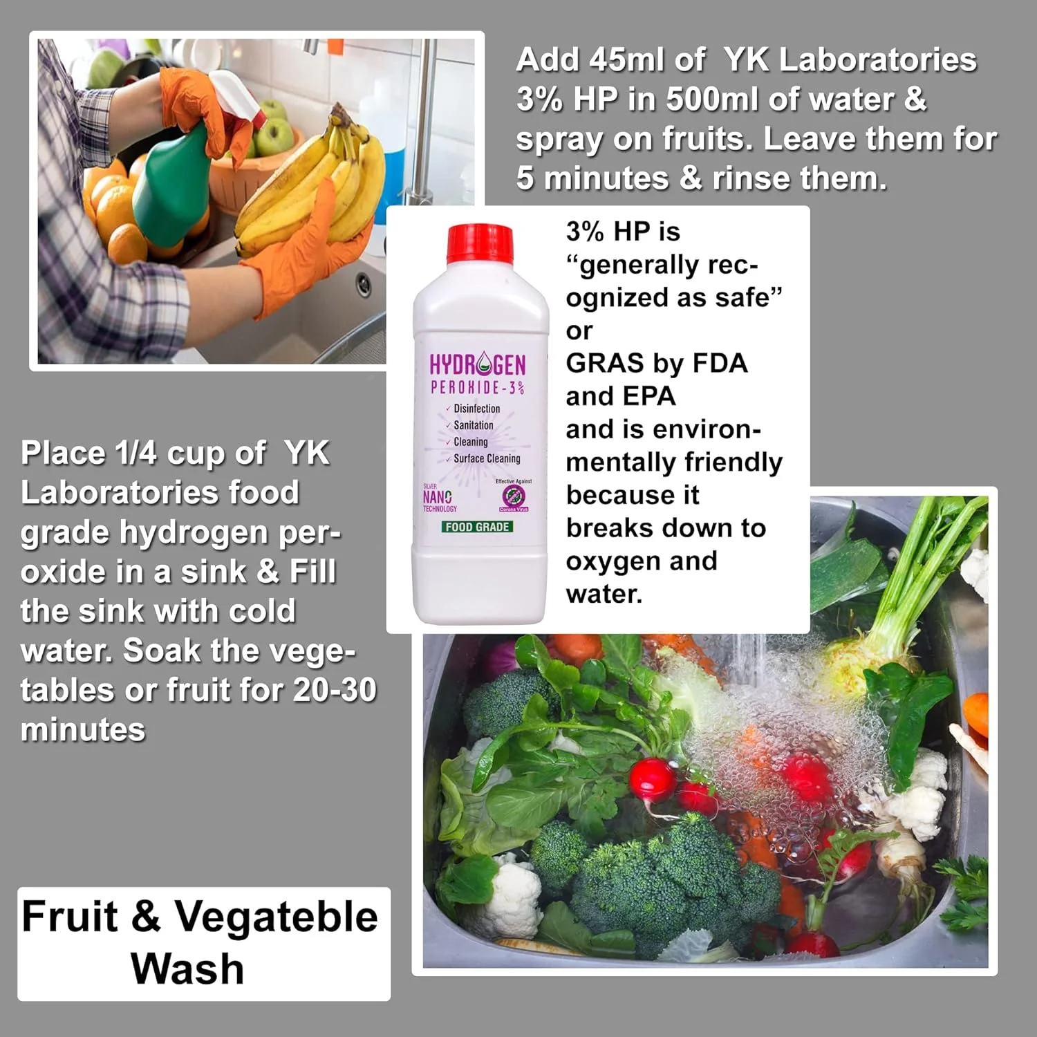 هیدروژن پراکسید خوراکی ۳% YK Laboratories | ضد عفونی کننده چند منظوره | بهترین برای تمیز کردن | استریلیزاسیون | کشاورزی | باغبانی - ۱ لیتر