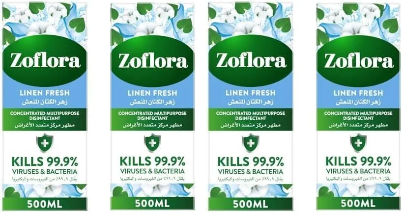 مایع ضدعفونی کننده چند منظوره زوفلورا - رایحه ملایم کتان - 500 میلی لیتر x 2 | ضد باکتری | تمیز کننده سطوح | مناسب برای تمیز کردن خانه، آشپزخانه و حمام | از بین برنده بو | ماندگاری 24 ساعته رایحه (بسته 2 عددی)