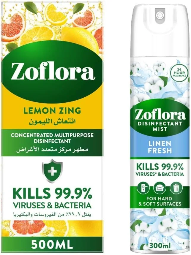 مایع ضدعفونی کننده چند منظوره زوفلورا با رایحه لیمو 500 میلی لیتر + اسپری خوشبو کننده هوا زوفلورا با رایحه کتان 300 میلی لیتر