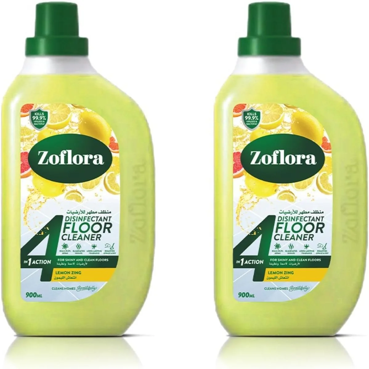 مایع ضدعفونی کننده چند منظوره کف زمین زوفلورا - رایحه لیمو - 900 میلی لیتر x 2 | ضد باکتری | تمیز کننده همه سطوح | تمیز کردن خانه، آشپزخانه و حمام | از بین برنده بو | 24 ساعت رایحه