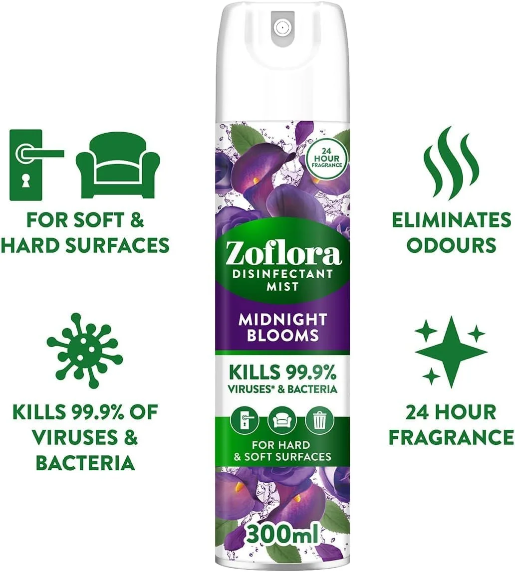 محلول ضدعفونی کننده چند منظوره زوفلورا - رایحه شکوفه های نیمه شب - 300 میلی لیتر | ضد باکتری | تمیز کننده سطوح | مناسب برای تمیز کردن خانه، آشپزخانه و حمام | از بین برنده بو | رایحه 24 ساعته - بسته 3 عددی