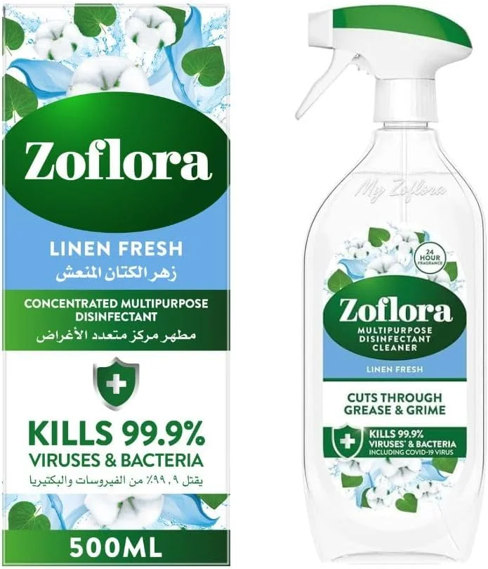 مایع ضدعفونی کننده چند منظوره زوفلورا با رایحه ملایم کتان 500 میلی لیتر + اسپری زوفلورا با رایحه ملایم کتان 800 میلی لیتر