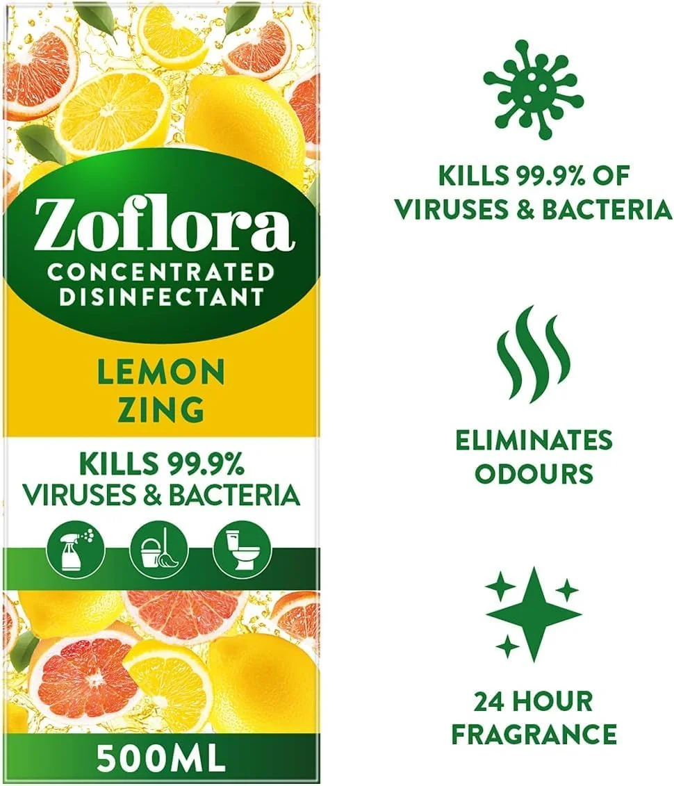 مایع ضدعفونی کننده چند منظوره زوفلورا با رایحه لیمو 500 میلی لیتر + اسپری خوشبو کننده هوا زوفلورا با رایحه کتان 300 میلی لیتر