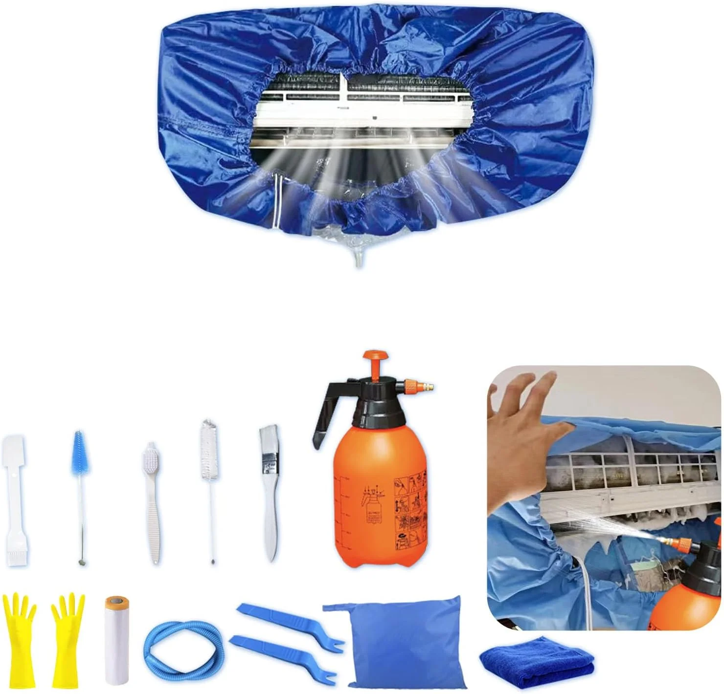 کیت تمیز کننده کولر گازی ZSPLIT-MAIR، کیت تمیز کننده کولر گازی دیواری، کیت تمیز کننده کولر گازی اسپلیت، 15 تکه، آبی تیره، سایز متوسط: 68-98 سانتی متر