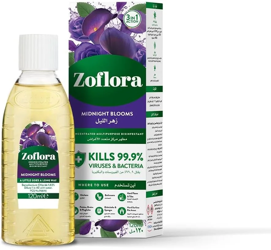 مایع ضدعفونی کننده چند منظوره زوفلورا - رایحه شکوفه های نیمه شب - 120 میلی لیتر | ضد باکتری | تمیز کننده سطوح | مناسب برای تمیز کردن خانه، آشپزخانه و حمام | از بین برنده بو | رایحه 24 ساعته