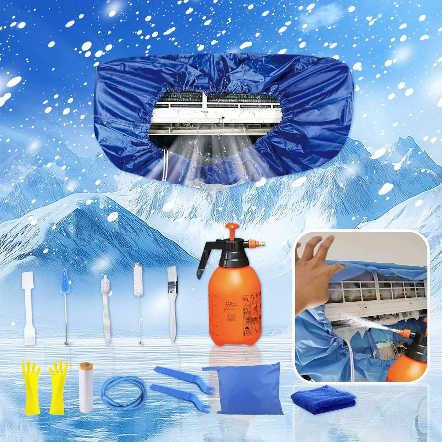 کیت تمیز کننده کولر گازی ZSPLIT-MAIR، کیت تمیز کننده کولر گازی دیواری، کیت تمیز کننده کولر گازی اسپلیت، 15 تکه، آبی تیره، سایز متوسط: 68-98 سانتی متر