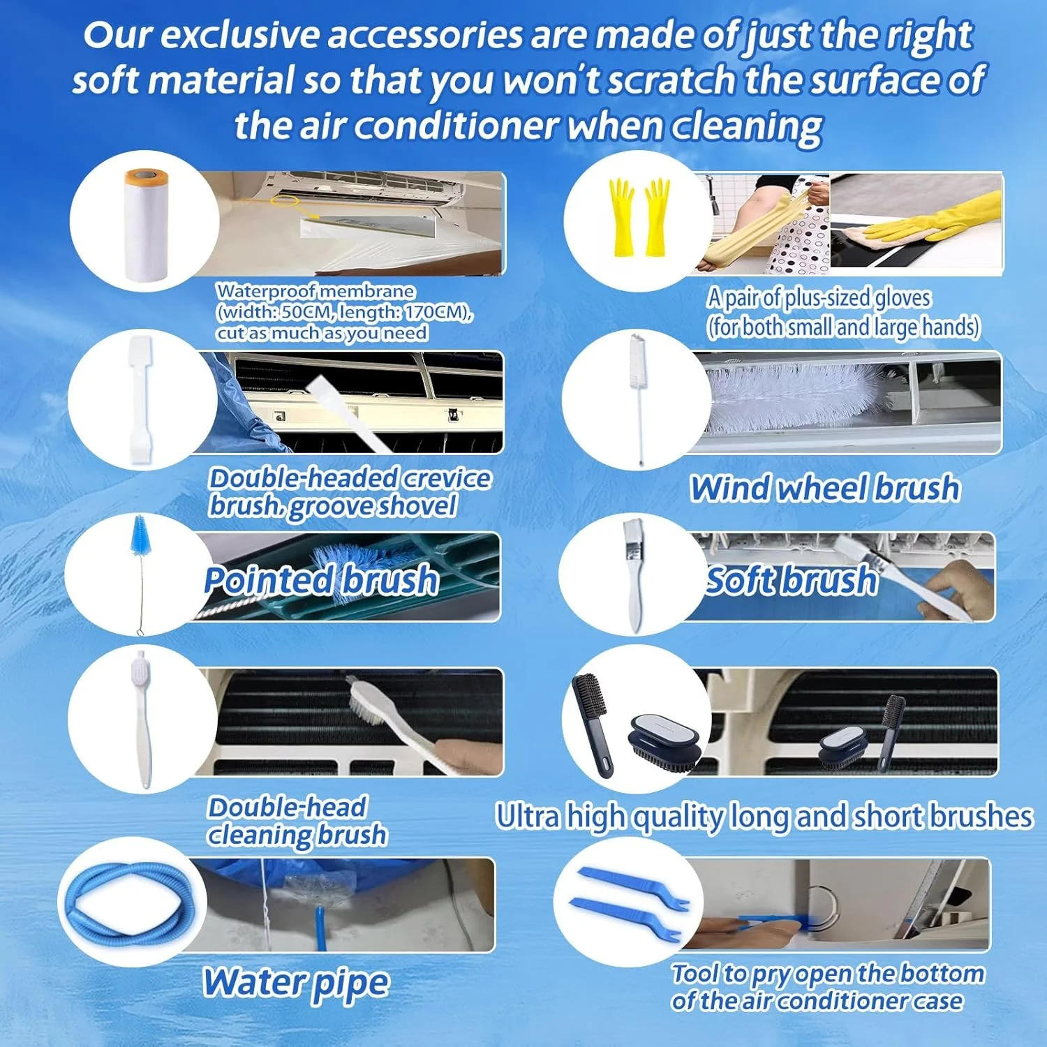 کیت تمیز کننده کولر گازی ZSPLIT-MAIR، کیت تمیز کننده کولر گازی دیواری، کیت تمیز کننده کولر گازی اسپلیت، 15 تکه، آبی تیره، سایز متوسط: 68-98 سانتی متر