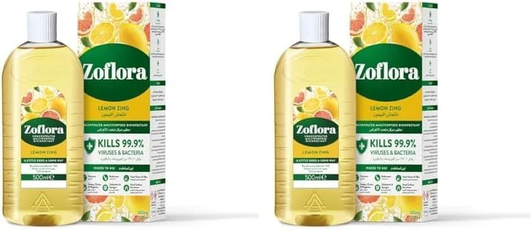 مایع ضدعفونی کننده چند منظوره و غلیظ زوفلورا، پاک کننده سطوح، پاک کننده کف، موثر در برابر باکتری ها و ویروس ها، رایحه ماندگار لیمو، از بین برنده بو، طراوت تمام روز، 500 میلی لیتر