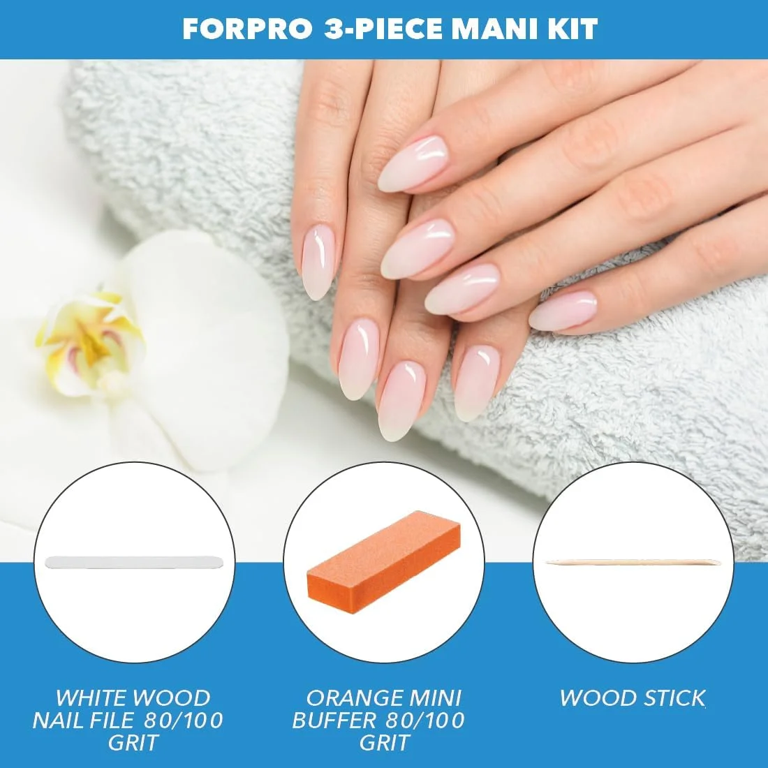 ست مانیکور 3 تکه ForPro، 300 عدد، بسته بندی جداگانه، سوهان ناخن چوبی سفید 80/100 گریت، بافر نارنجی مینی 100/180 گریت، چوب چوبی ست مانیکور 3 تکه ForPro، 300 عدد، بسته بندی جداگانه، سوهان ناخن چوبی سفید 80/100 گریت، بافر نارنجی مینی 100/180 گریت، چوب چوبی