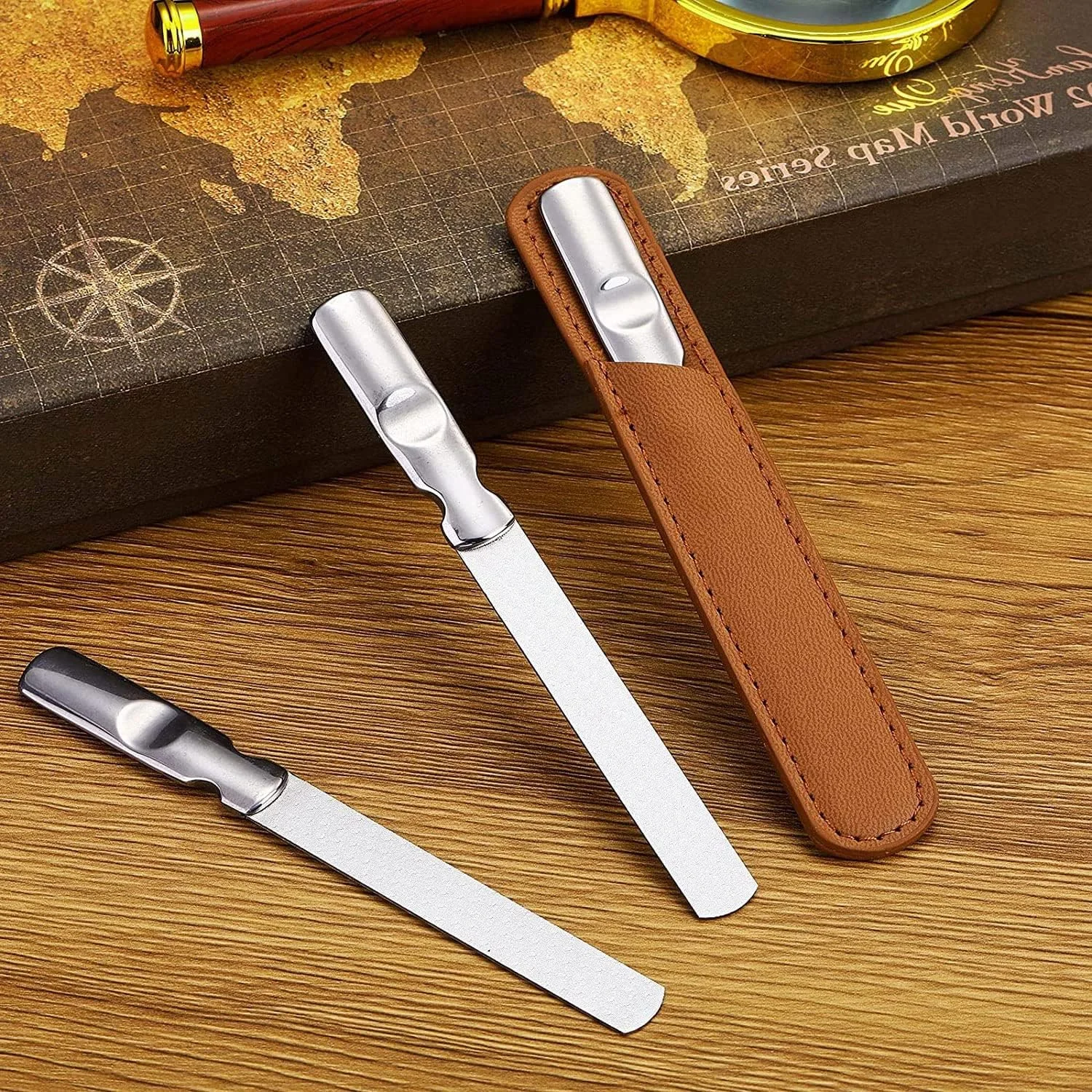 سوهان ناخن استیل ضد زنگ اکسفور، پولیشر دو طرفه فلزی مانیکور با دسته ضد لغزش و کیف چرمی برای بافر ناخن های دست و پا، ابزار حرفه ای مانیکور پدیکور (ست 3 عددی)