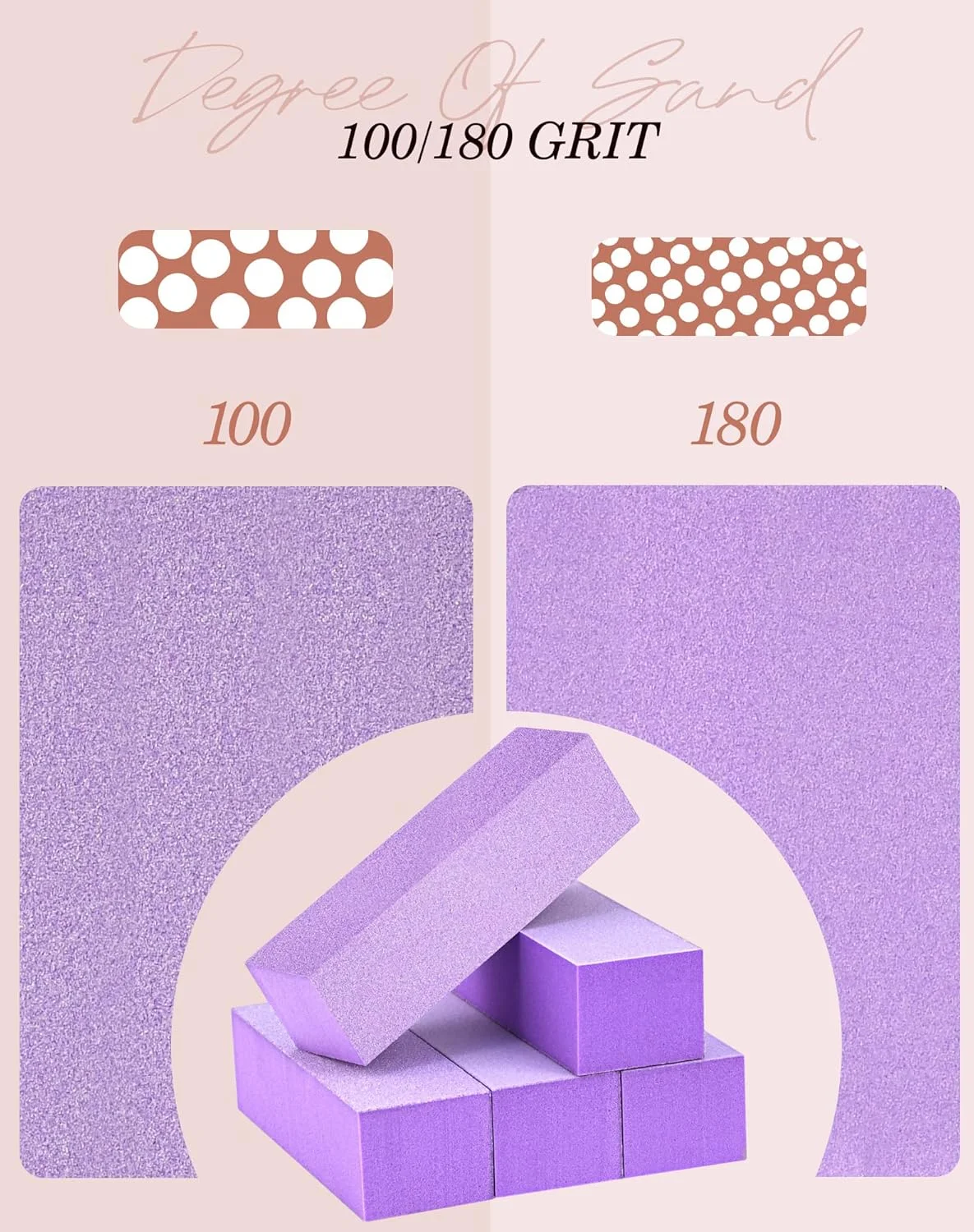 بلاک بافر ناخن، بافر پرداخت متوسط/ریز 100/180 برای ناخن های اکریلیک، ناخن های لاک ژل، کیت بافر پدیکور مانیکور حرفه ای 3 طرفه، 5 عدد، بنفش